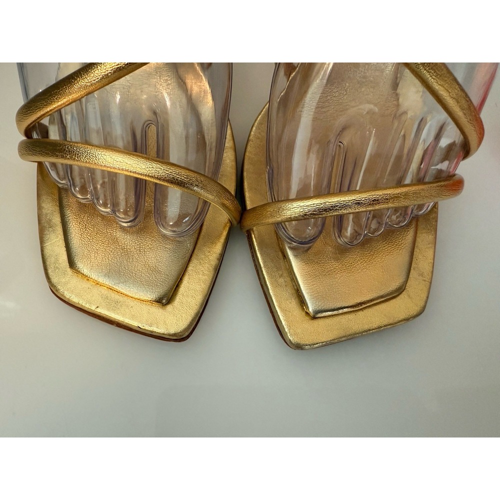 Schutz Womens Lovi Metallic Gold Tone Leather Strappy 4.5" Square Heels Sz 7.5B - Picture 6 of 16